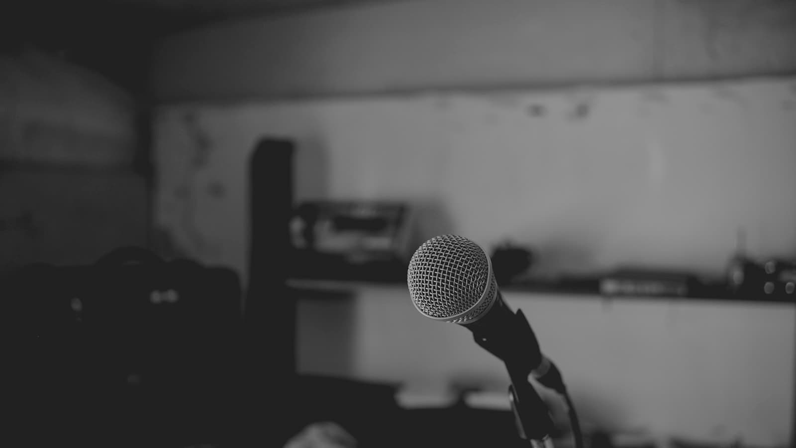 Black and white photograph of a studio microphone